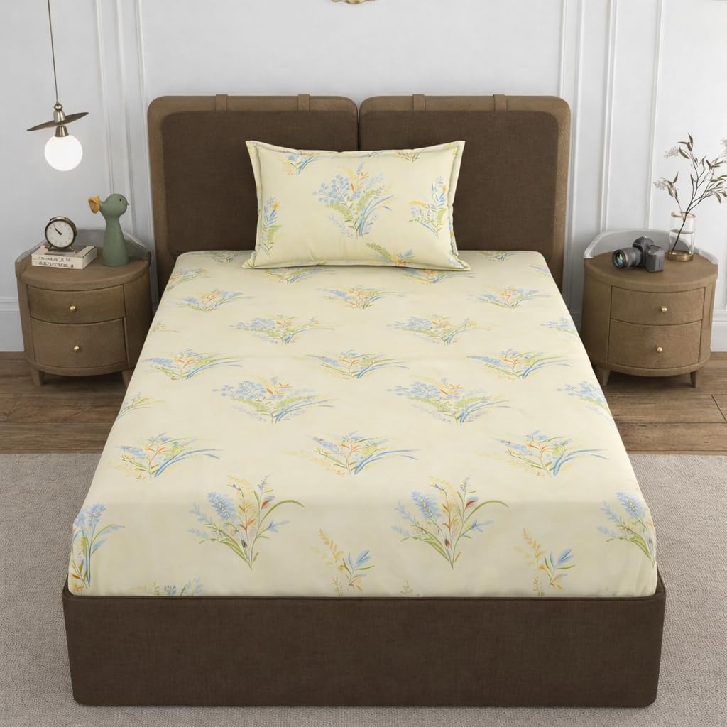 VOMZER Premium 320 TC Fitted Bed Sheet with Full Elastic - Deep Pocket Design - Wrinkle Resistant Fitted Bedsheet 36x72 Single Cream Leaf
