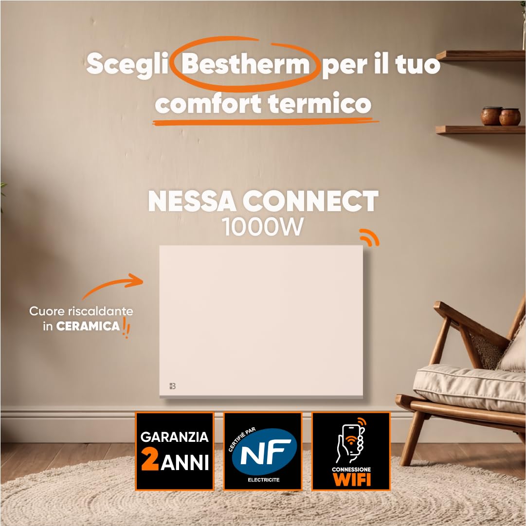 BESTHERM - Radiatore elettrico fisso collegato WIFI inerzia secca ceramica 1000W Bestherm NESSA CONNECT orizzontale bianco
