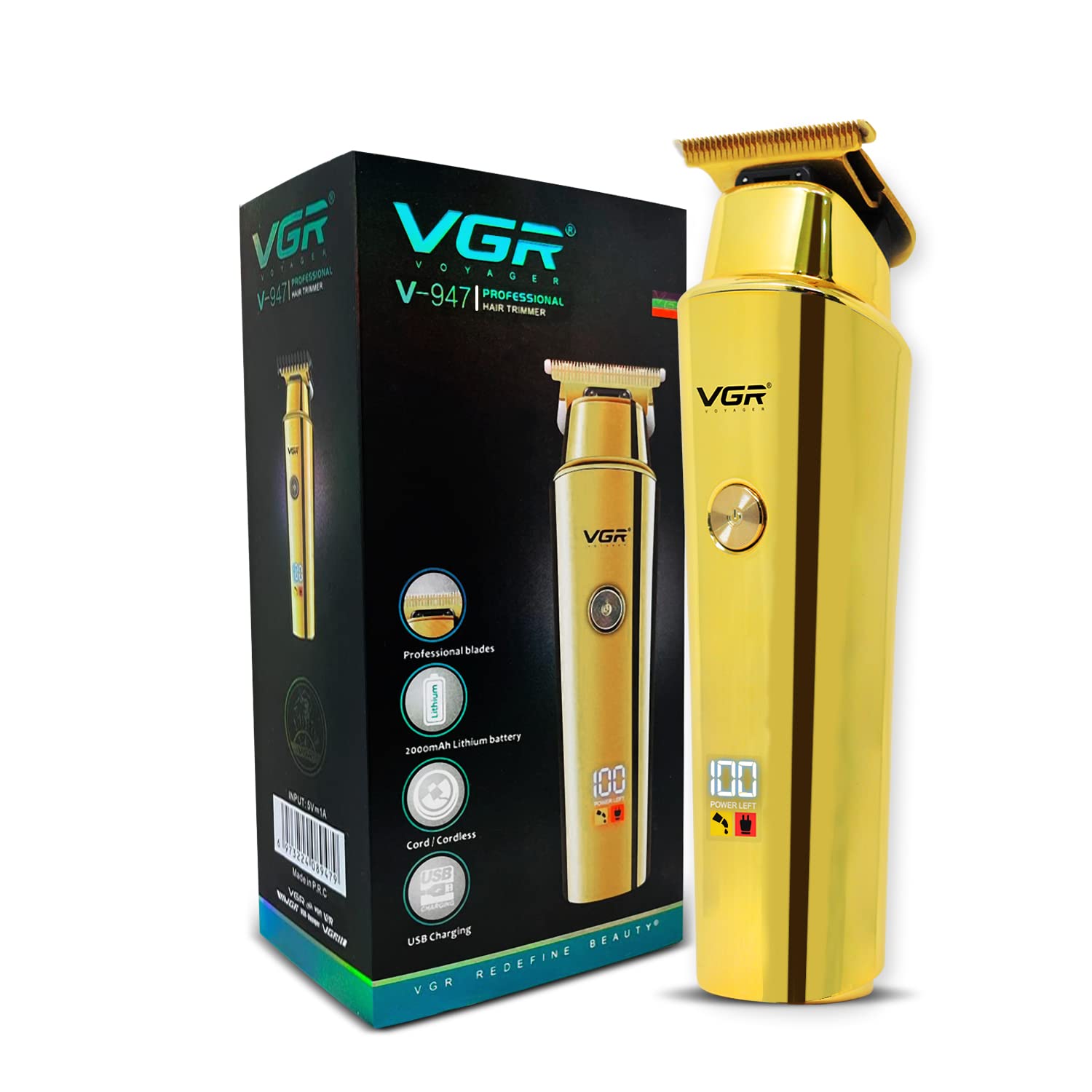 VGR V-947 Professional Hair Trimmer - 500-Minute Runtime, 2000mAh Lithium Battery, Stainless Steel Blades, 3 Cutting Guide Combs, Cord/Cordless, LED Display, Ideal for Salon and Mens Use (Gold) (B0BRDFWYNK) Amazon Price History, Amazon Price Tracker
