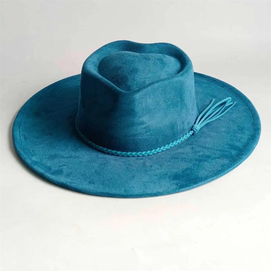 Womens Vegan Suede Fedora Hat Wide Brim Heart Crown Design Dress Cap