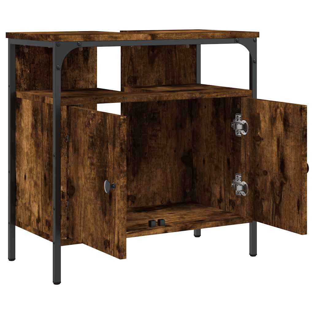 Mobile sottolavabo in legno di rovere affumicato, 60 x 30 x 60 cm, con vano portaoggetti, cassetto e porta, mobile da bagno per bagno, WC degli ospiti, montaggio a parete, salvaspazio e