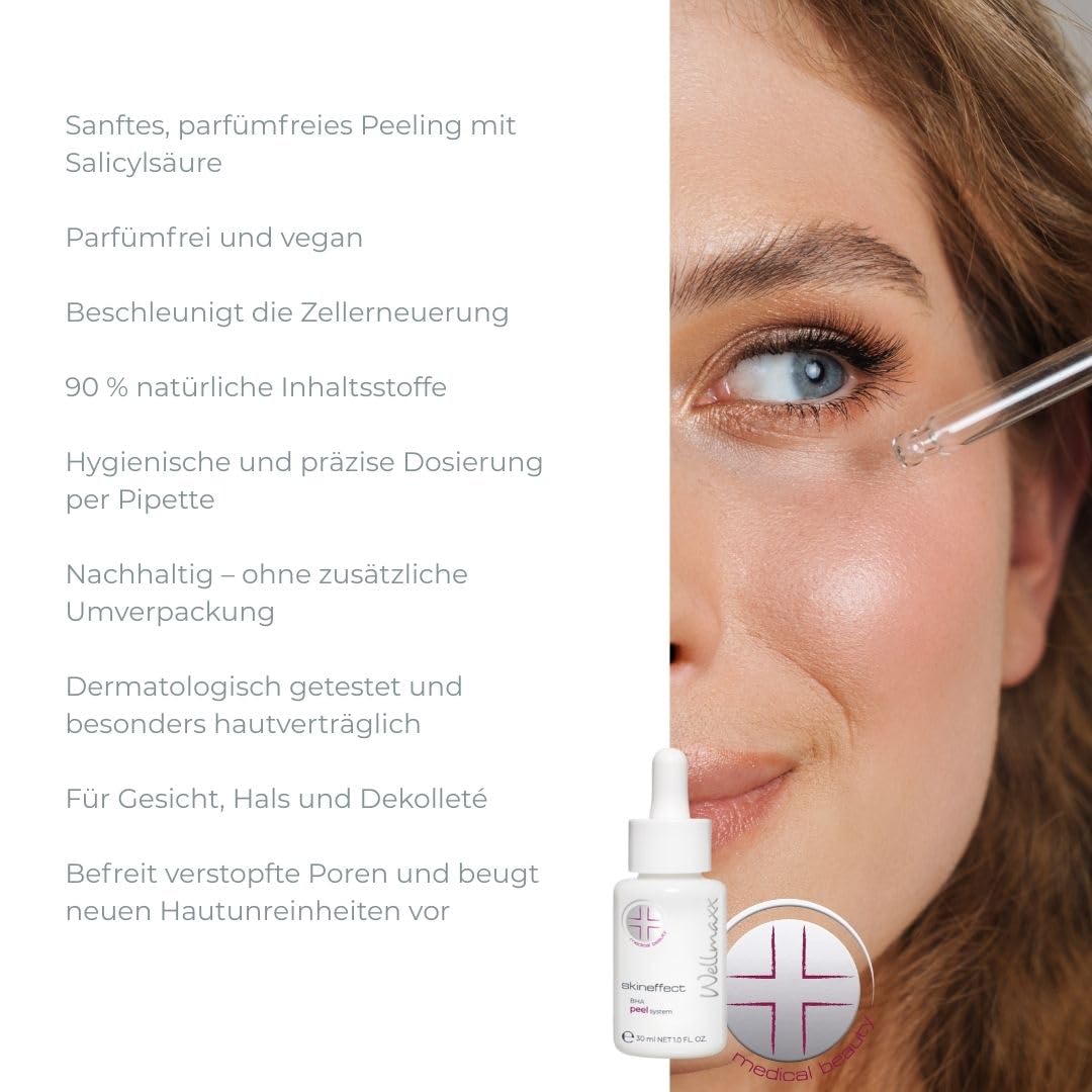 WELLMAXX® skineffect BHA Peeling, Sanftes Peeling + Salicylsäure, porentiefe Reinigung, strahlende Haut, sanfte Zellerneuerung, alle Hauttypen, mild, parfümfrei, Pipette,30 ml
