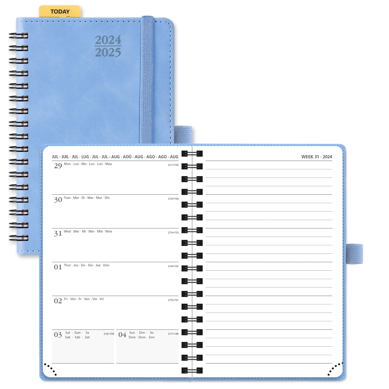 POPRUN Agenda 2024 2025 Pequeña de Bolsillo Espiral 16 x 10,5 cm, Una Página por Semana con Una Página de Notas 17 Meses de Ago.2024 a Dic.2025, 100 GSM Papel, Azul Celeste