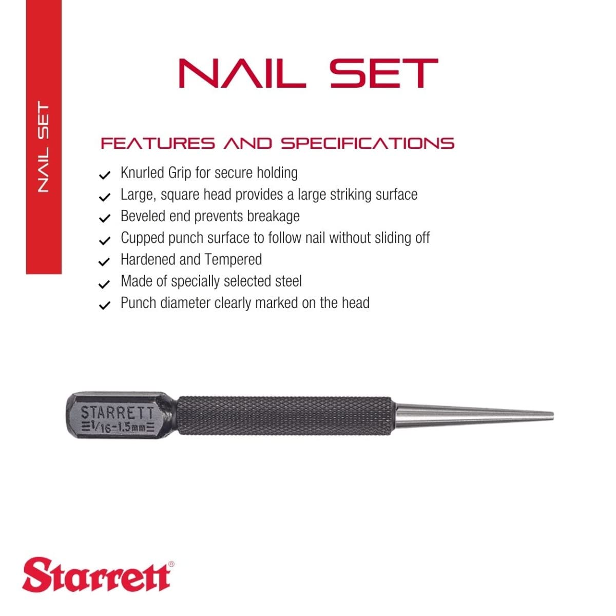 Starrett Nail Set with Large Square Head, Beveled End and Knurled Grip for Secure Holding - Hardened and Tempered Steel, 4" Length, 1/16" Punch Diameter - 800B