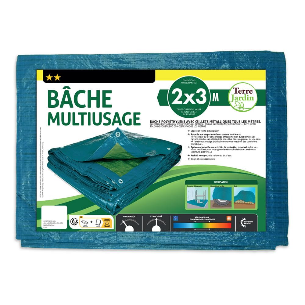 TERRE JARDIN - Bâche de Protection Extérieur, 6 x 10 m - Bâche Multi-Usage Résistante, Polyéthylène 70 g/m², Anti UV - Bâche pour Bois de Chauffage - Œillets en Aluminium - 6 x 10 - Bleu