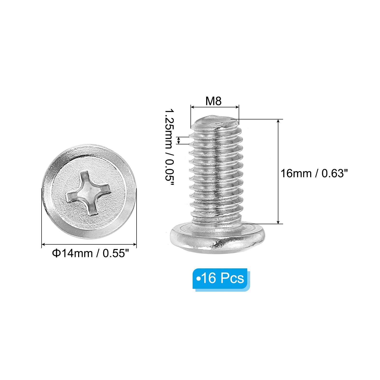 PATIKIL Flat Round Head Phillips Screws, 16 Pack M8-1.25 x 16mm Binding Screws 304 Stainless Steel 18-8 Full Thread - Image 2