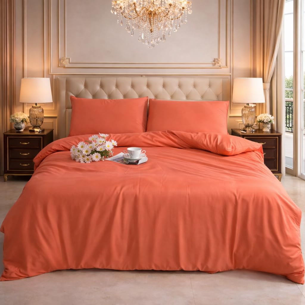 Charkhah Orange King Size Duvet Cover Set | Soft Microfibre Bedding Set With 2 Pillowcases | Reversible Quilt Cover With Zip Closure | Easy Care, Breathable | Uk Size 230 X 220 Cm
