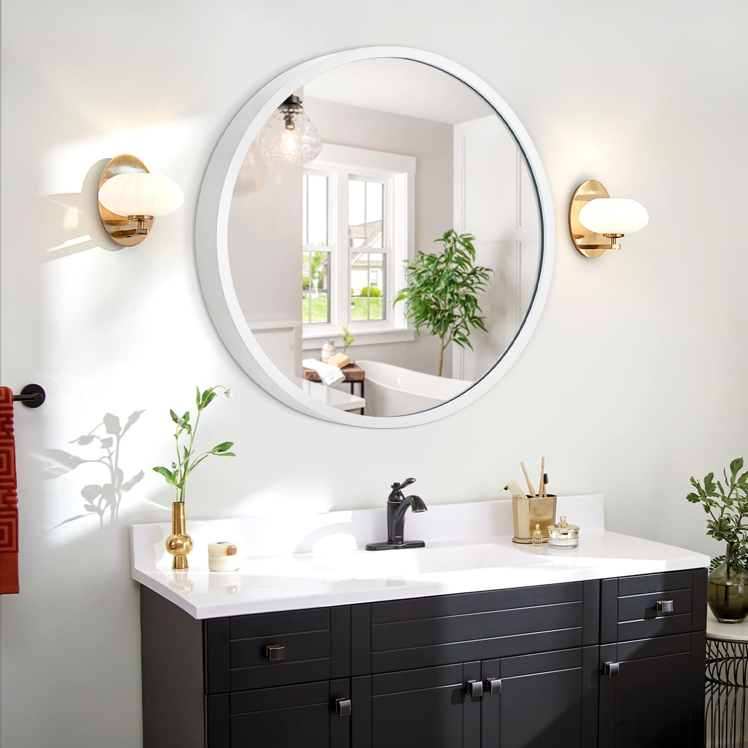 JJUUYOU Specchio Rotondo Bianco Circolare Specchio 50CM Specchi da Bagno con Cornice in Metallo Specchi per Camera da Letto Parete Soggiorno Specchio da Toeletta per Arredamento Casa Moderno