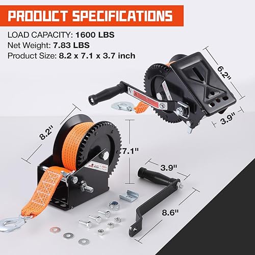 Miniatura 6 de Cabrestantes de barco para remolques, cabrestante de barco de 1600 libras con correa de 33 pies, cabrestante de mano resistente con trinquete de 2