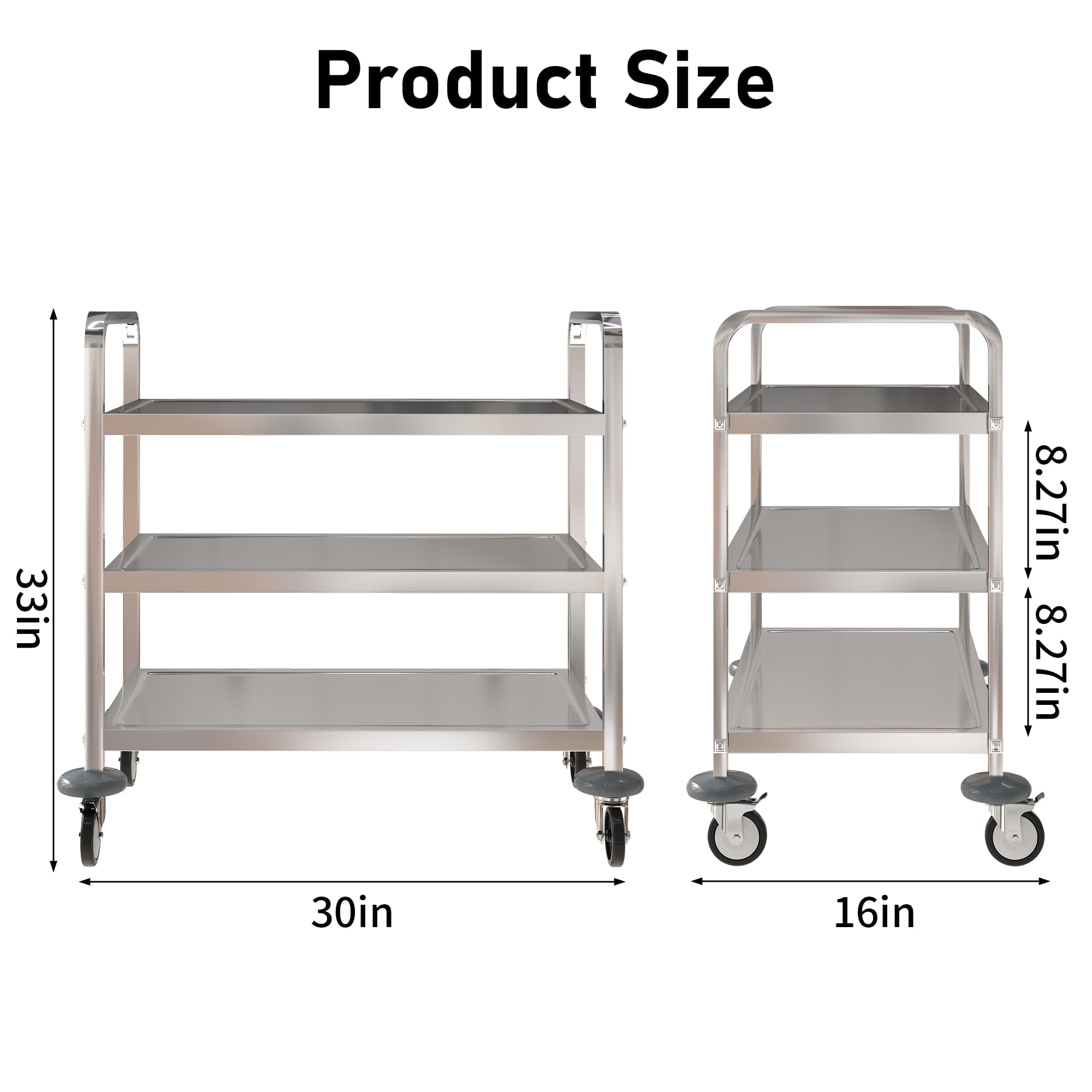 uyoyous Carrello da portata industriale a 3 ripiani, in acciaio inox, resistente, con ruote girevoli a 360°, carrello da cucina in acciaio inox, per hotel, ristorante, uso domestico