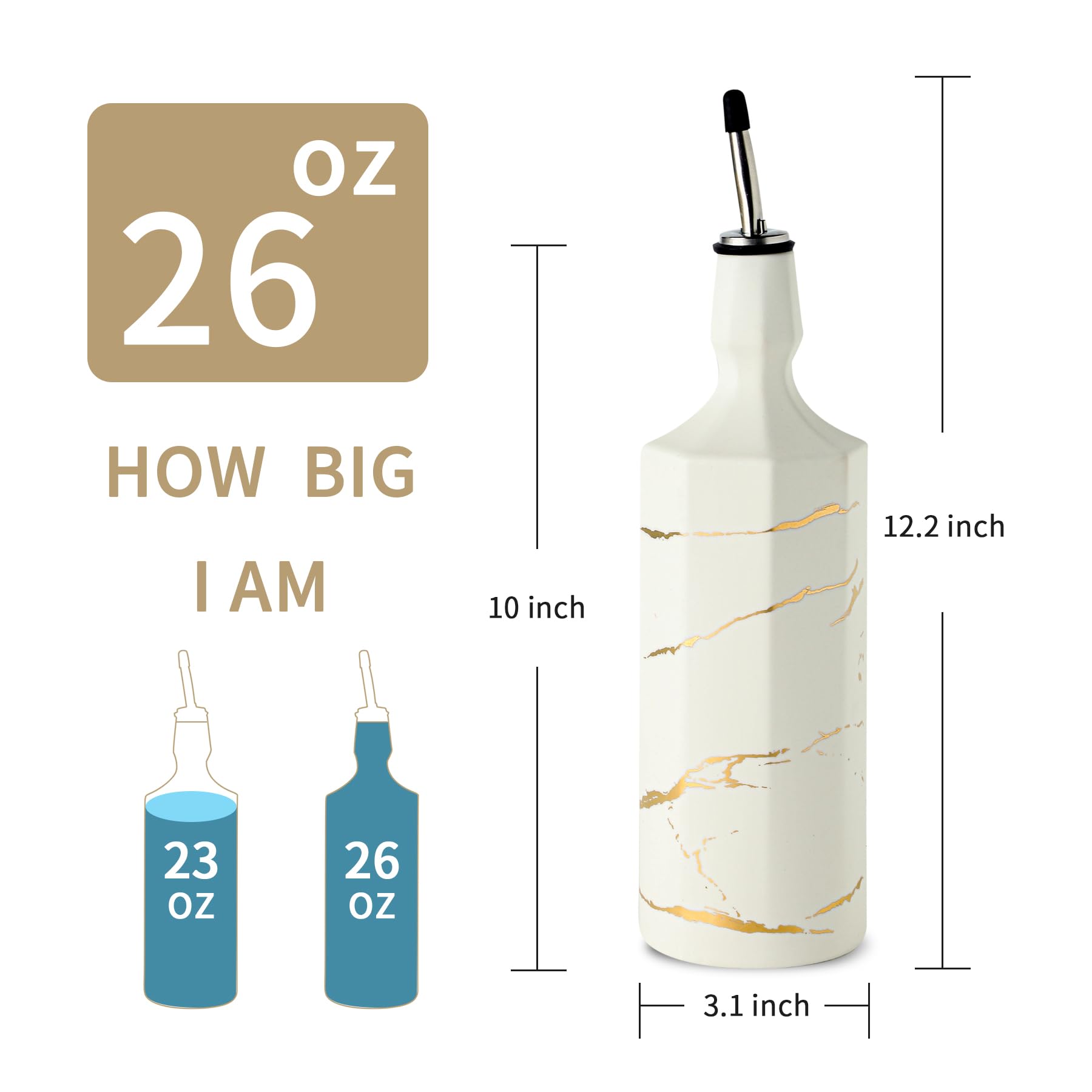 Botella dispensadora de aceite de oliva de cerámica, botella dispensadora de aceite blanco para cocina, gran capacidad, dispensador de botellas de aceite y vinagre de 26 onzas