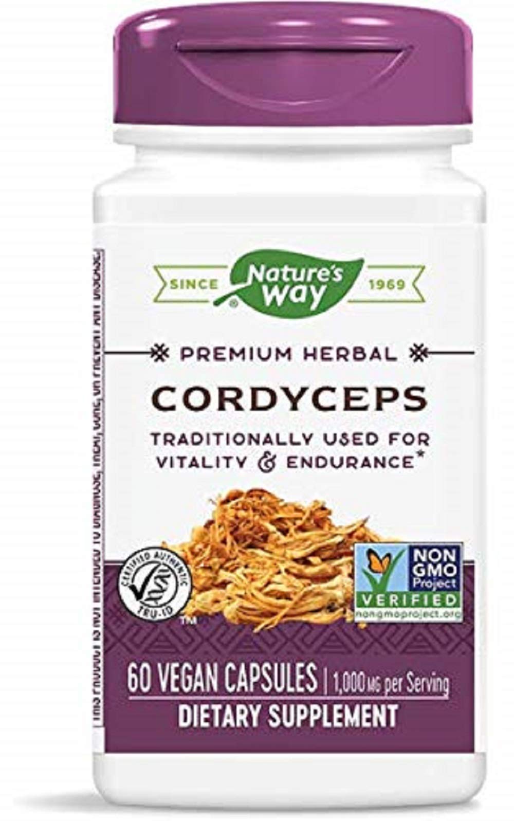 Cordyceps Premium Herbal - 1,000 mg Per 2-Capsule Serving - Traditional Support for Vitality & Endurance* - Mushroom Supplement - Gluten Free - 60 Vegan Capsules