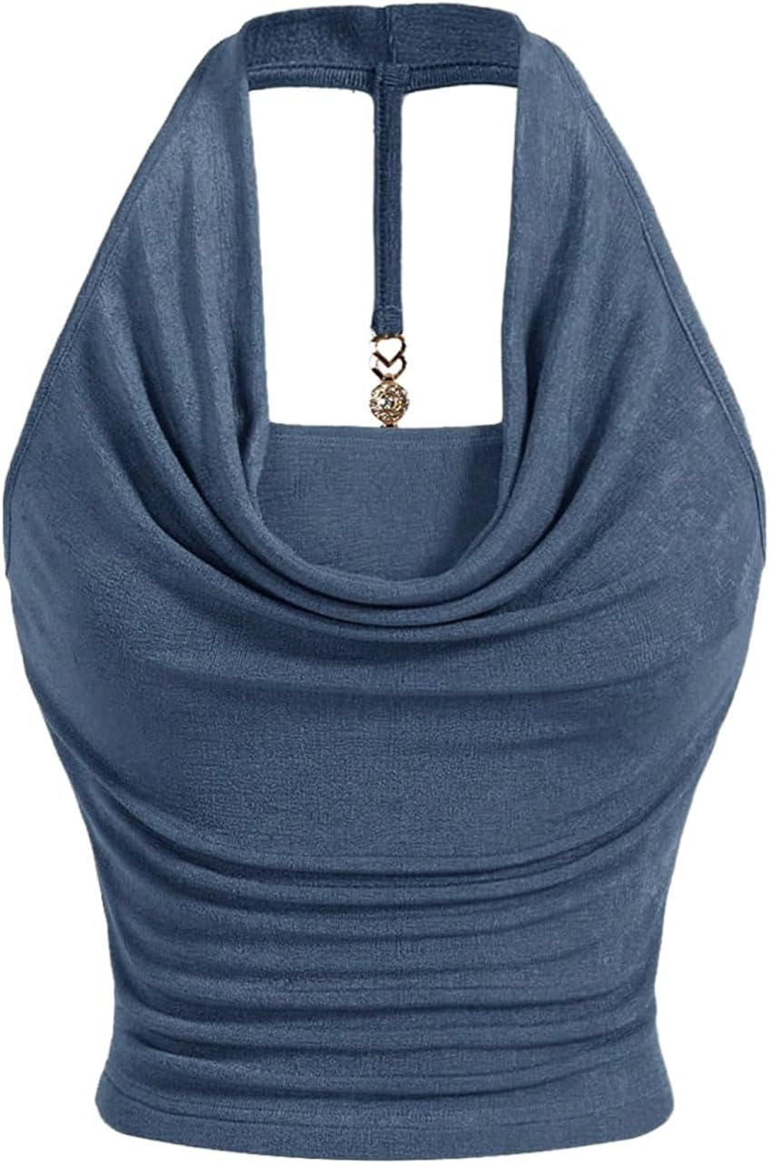 SOLY HUX Women's Halter Tops Draped Front Sleeveless Backless Y2K Crop Sexy Cami Tops Going Out Summer Outfits
