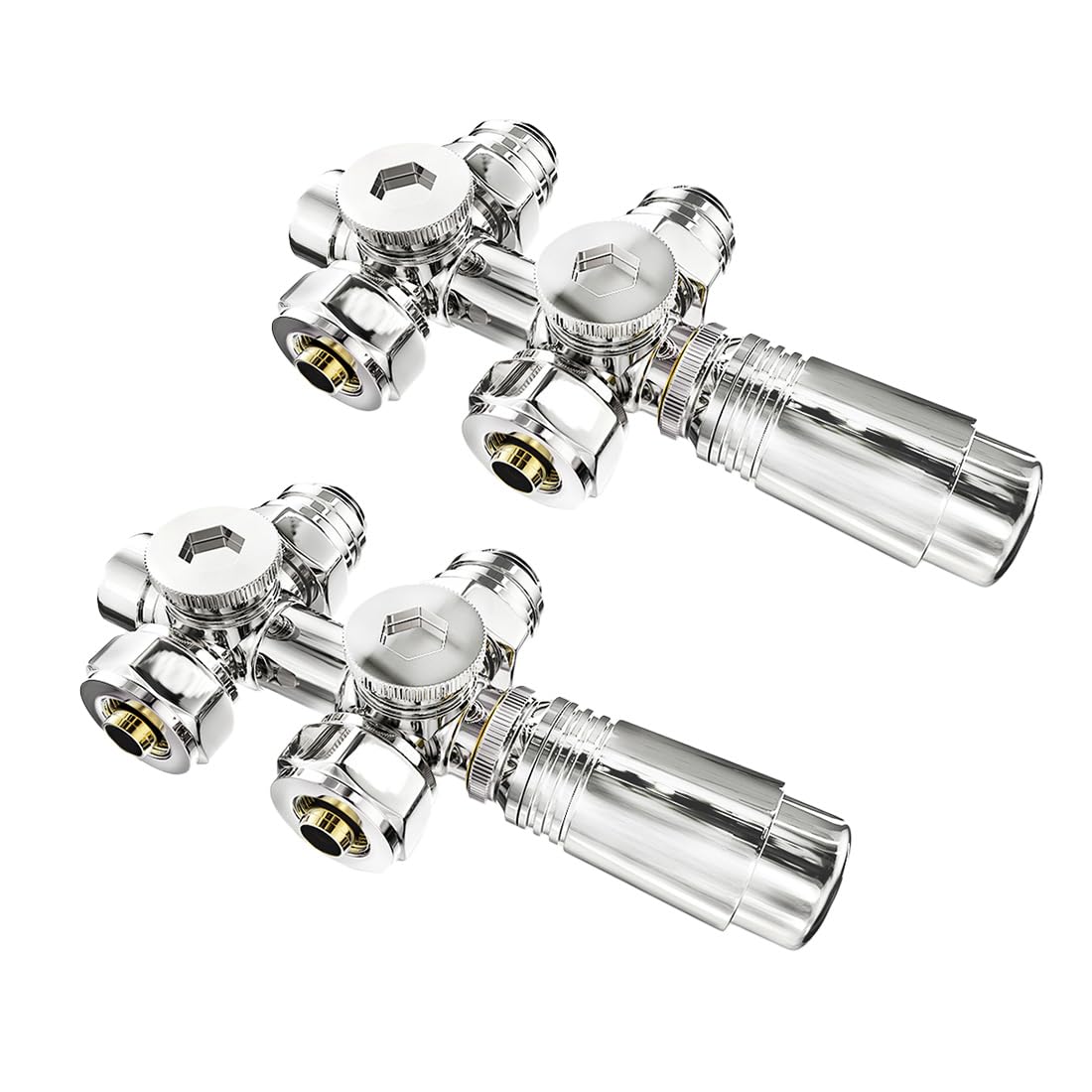 S'AFIELINA Multiblock Radiador con Válvula Termostática, Cromo 2 Pieza | Kit para Radiadores y Toalleros de Baño, Válvula de Cierre, Conexión para Tubo de Cobre 15 mm