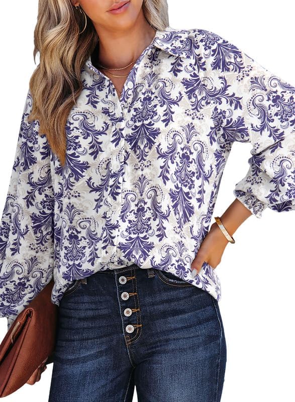 Dokotoo Women's Casual V Neck Allover Floral Print Long Sleeve Chiffon Button Down Blouses Bohemian Top Shirts