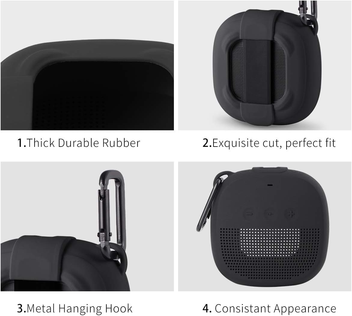 AOTNEX Carrying Case for Bose SoundLink Micro Case with Portable Metal Hook for Easy Carrying, Soft Silicone Shockproof Cover Fits Bose Micro Bluetooth Speakers for Secure Outdoor Protection(Black)