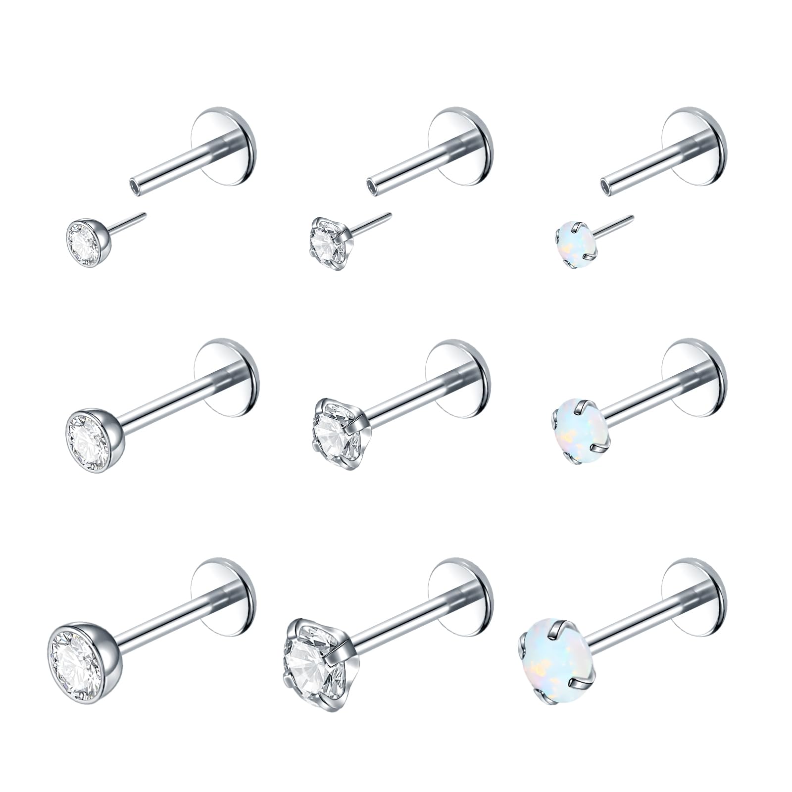 Oveta Threadless and Threaded Lip Rings 16G 18G 20G Nose Studs Push Pin Medusa Monroe Piercing Jewelry Flat Back Tragus Helix Earrings for Women Men with OPAL CZ Crystal Tops