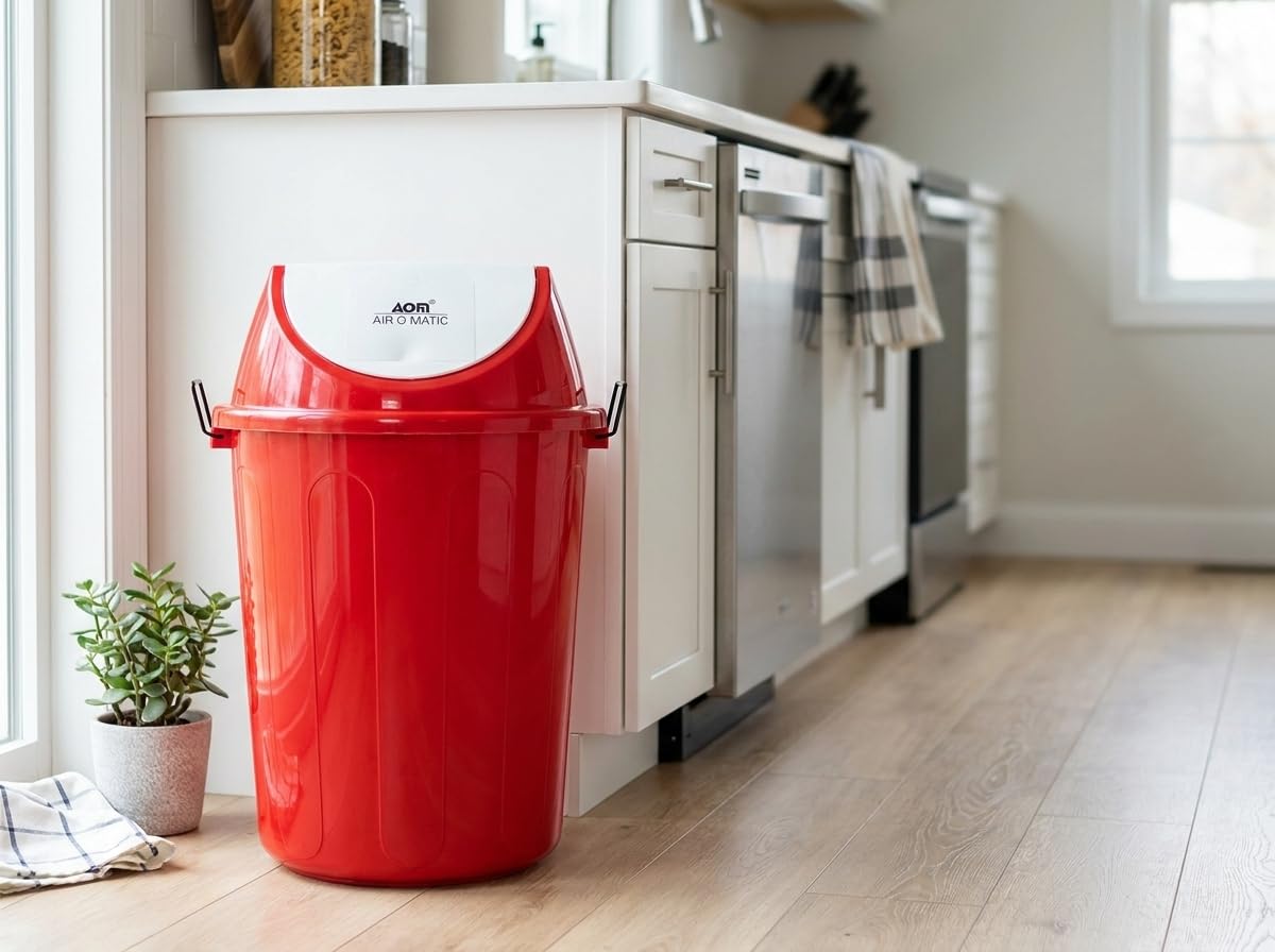 AIR O MATIC 10 LTR Round Unbreakable Swing Lid Garbage Waste Dustbin,Plastic, Red 3
