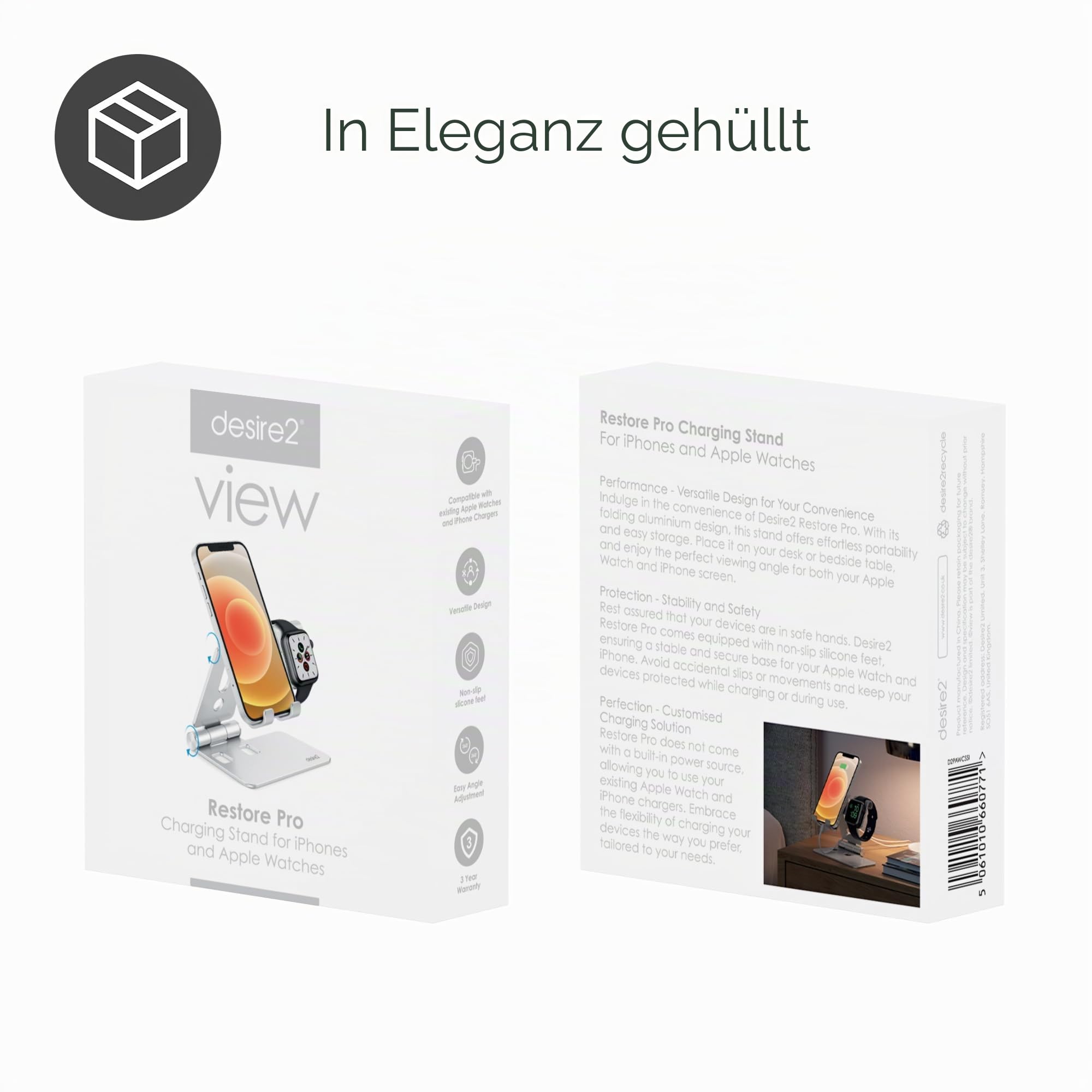 Desire2 Restore Pro, Kompatibel mit Apple Watch und iPhone-Ladeständer, Kabellose Ladestation für mehrere Geräte, Handyhalter-Schreibtischzubehör, Apple iPad- und Apple Watch-kompatibel Halter