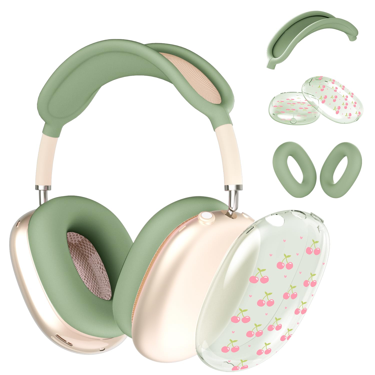 Case for AirPods Max Headphones,Cute Girly Pink Little Cherry Clear TPU Ear Cups Cover,Green Silicone Ear Pad Headband Protective Case Cover for Apple
