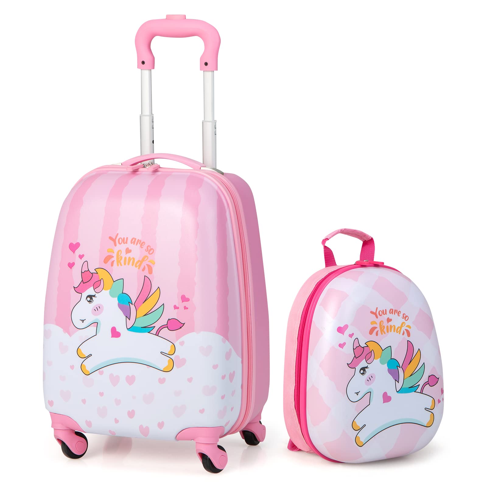 DREAMADE Valise Enfant 16" et Sac à Dos 12", Bagage à Main Rosé pour Enfants Filles, Cabine Enfant avec Motif Licorne, Valise Enfant Roulette avec 4 Roues Pivotante à 360°en Dessin(Licorne)