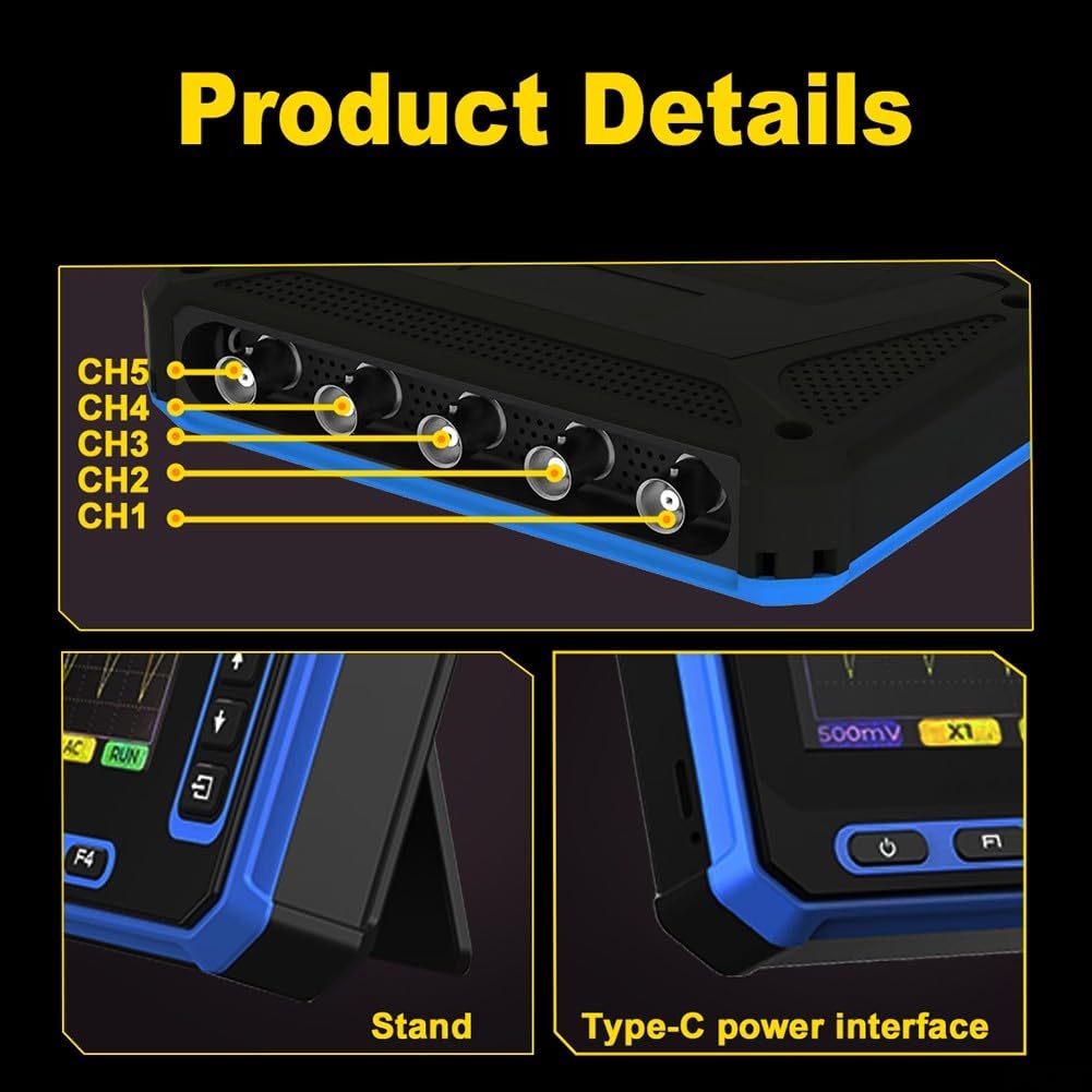 Oscilloscopio portatile a 5 canali, larghezza di banda 1 MHz, frequenza di campionamento 3 Msps, connettività USB, display da 4,3 pollici per analisi del segnale (OS-5C)