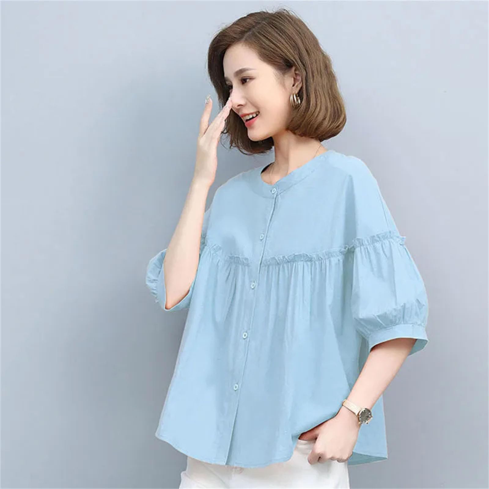 Camicette da donna con volant impiombati con bottoni per donne casual pieghe allentate maniche a lanterna camicette top