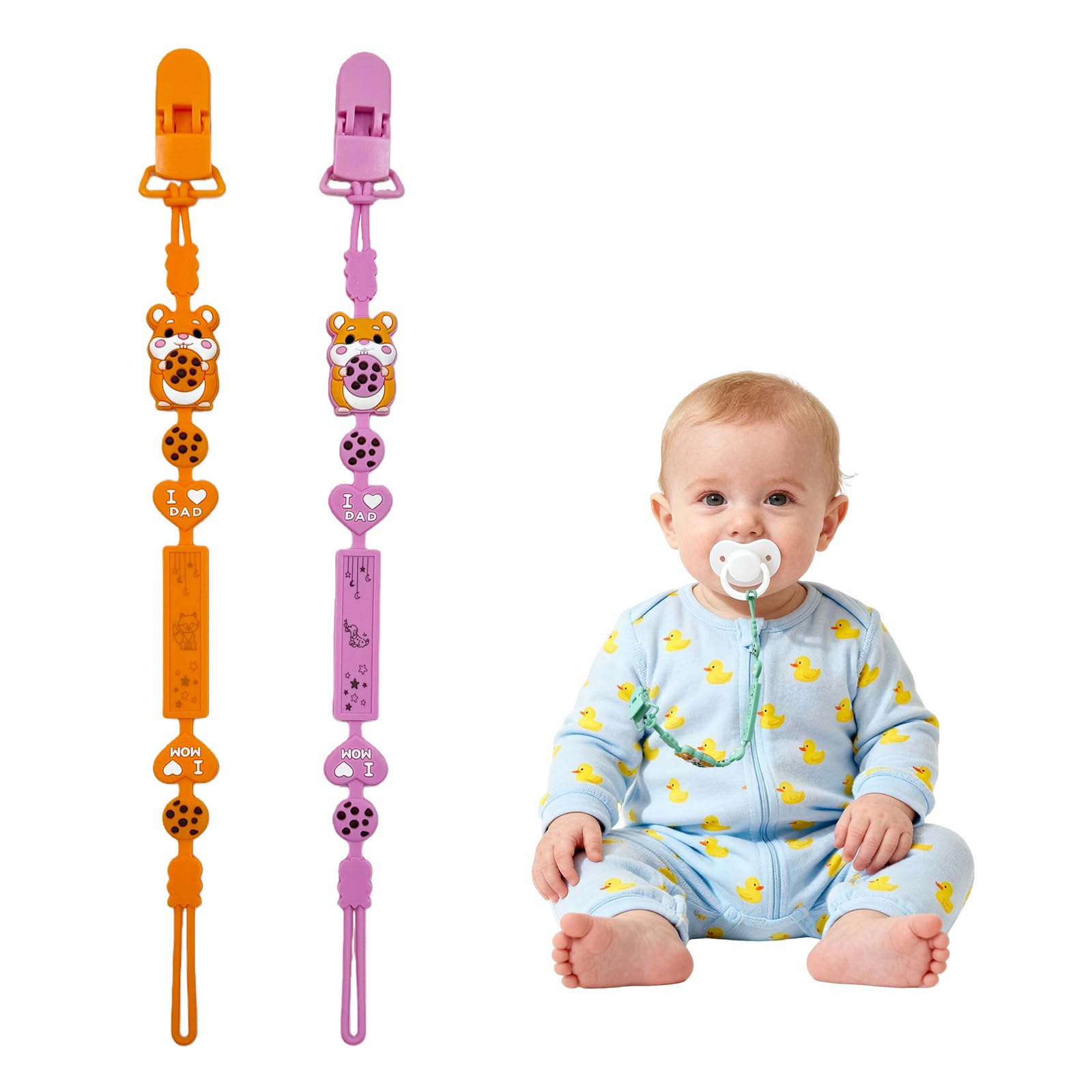 Silicone Pacifier Chain, 2-in-1 Pacifier Holder and in one-Piece Design, Pacifier Strap for Babies Girls and Boys, BPA Free, 2-Pack Hamster Pacifier Chain (Hamster - E)