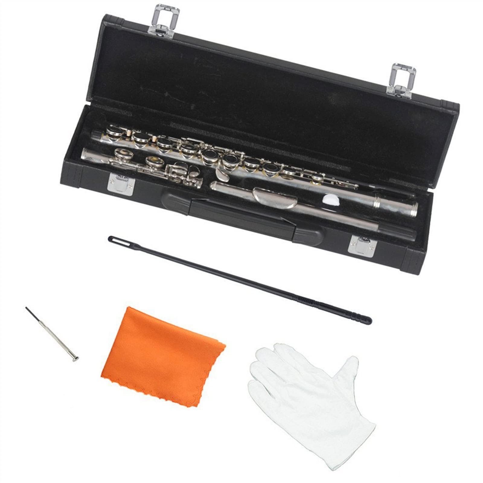 Flûte d'étudiant 16 Trous Fermés Flûte C Clé Flûte Traversière Professionnelle avec Boîte Chiffon De Nettoyage Bâton Gants Instrument De Concert (Color : Silver)