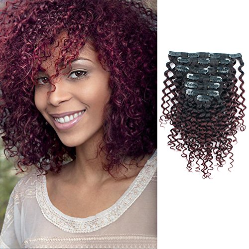 AmazingBeauty 8A 3B 3C Ombre Double Weft Jerry Curly Remi Human Hair Clip in Extensions for Black Women, Natural Black Fading into Cherry Wine, 7 Pieces, 115 Grams, JC TN-99J, 14 Inch