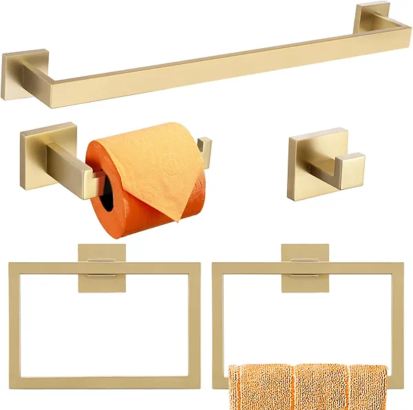 TURS 5-Pieces Bathroom Hardware Set Brushed Gold Towel Bar Set Include Single Towel Bar 2 Towel Rings Toilet Paper Holder and Towel Hook, Stainless Steel Towel Holder Set Wall Mount