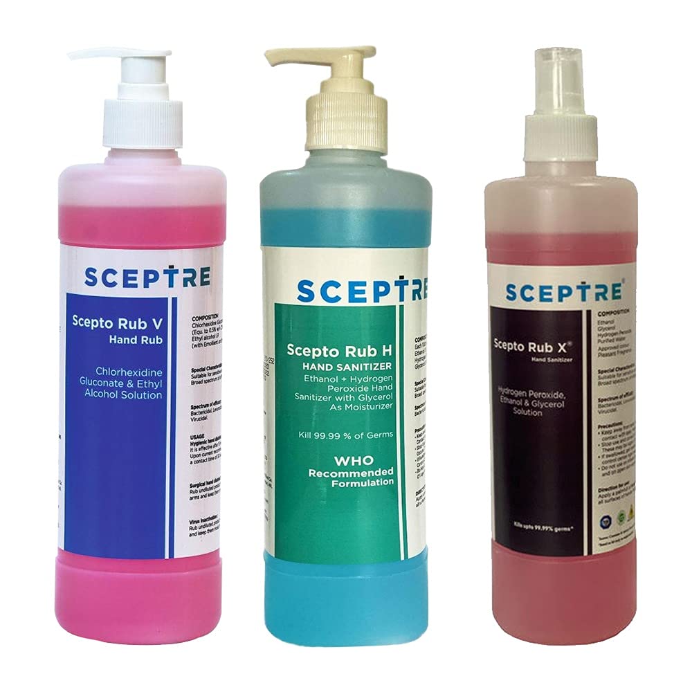 Sceptre Scepto Rub H & X & V Liquid Hand sanitizer 500ml bottles with 96% and 70% alcohol resp. Dispenser pumps in rub H & V and spray pump in rub X. (B0999148PL) Amazon Price History, Amazon Price Tracker