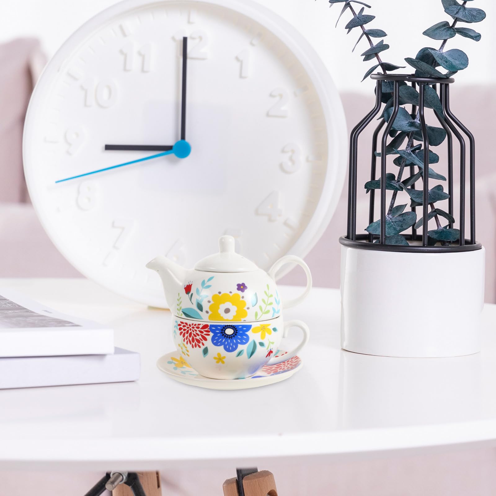 Juego de Té Portátil de Cerámica con Tetera de 480 Ml | Incluye Taza de 350ml y Platillo, Estilo Retro Clásico con Superficie Brillante y Delicada