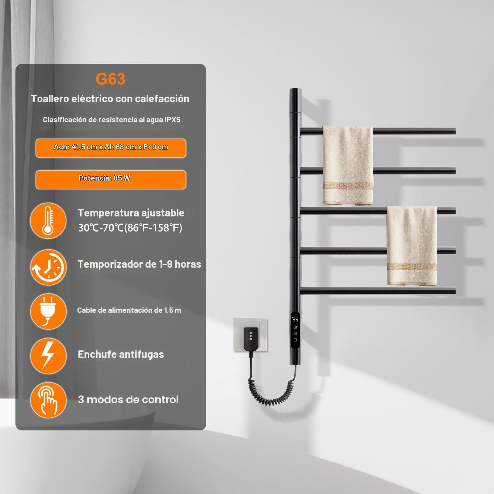 Toallero Electrico Baño, Rotación de 180° Radiador Toallero Electrico, 675x415mm, Secatoallas, Calentador de Toallas, Toallero Baño Radiador, Temperatura Ajustable, Bajo Consumo, Impermeable-Black