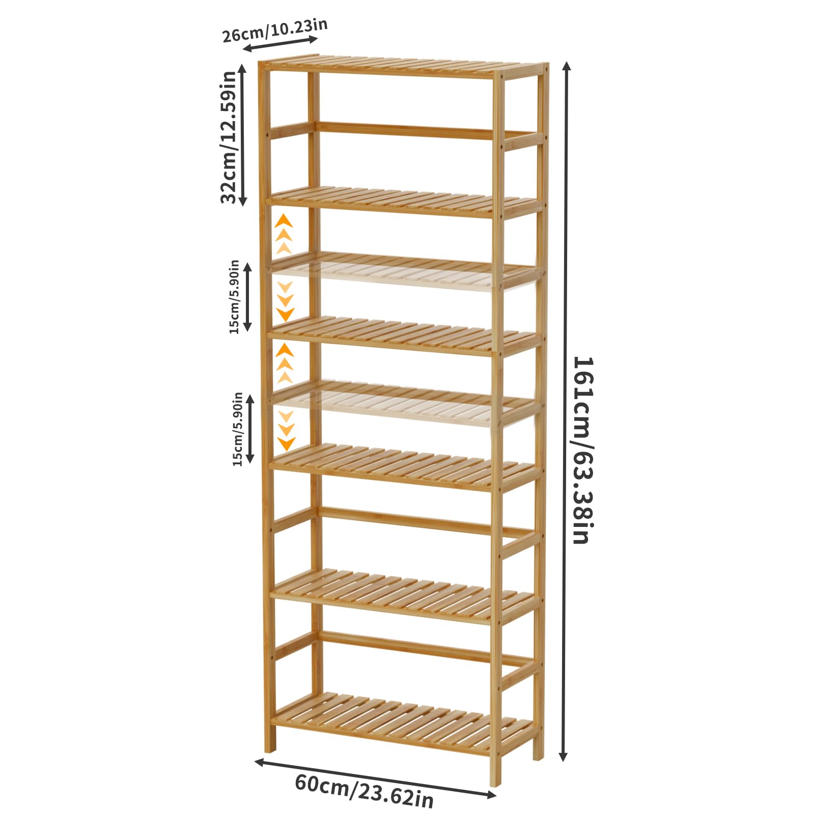 unho Estantería de Almacenamiento de Bambú con 6 Niveles: 60x26x161cm Unidad de Almacenamiento con Estantes Regulables en Altura Estante Vertical para Dormitorio Cocina Oficina Estudio