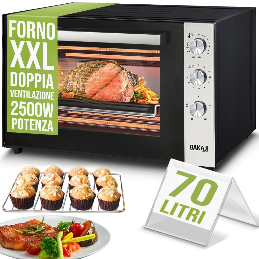 Forno Elettrico Ventilato 70 Litri 2500W Temperatura Regolabile 250° Acciaio Timer