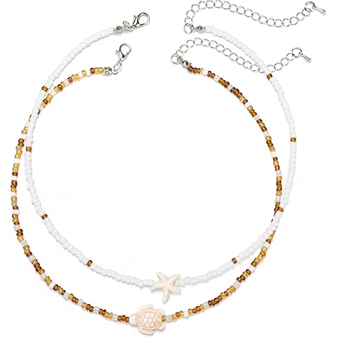 Women's Shell Starfish Boho Layered Beaded Necklace, Dainty Adjustable Conch Pearl ...