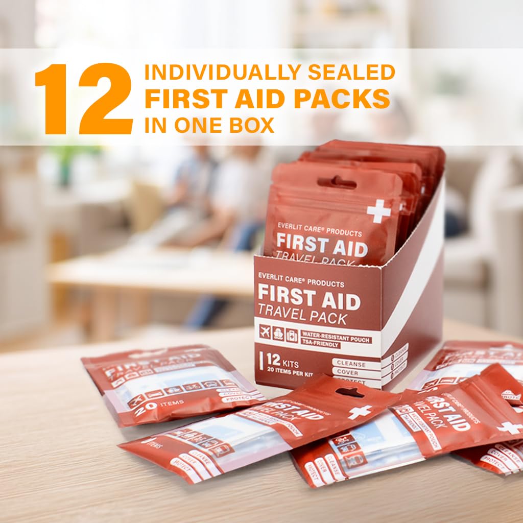 EVERLIT CARE Reiseverband-Set, 12 Einzelpackungen, tragbares Mini-Erste-Hilfe-Set mit 20 Essentials für unterwegs, kompakte, wasserfeste, wiederverwendbare Tasche zum Reinigen, Abdecken und Schützen
