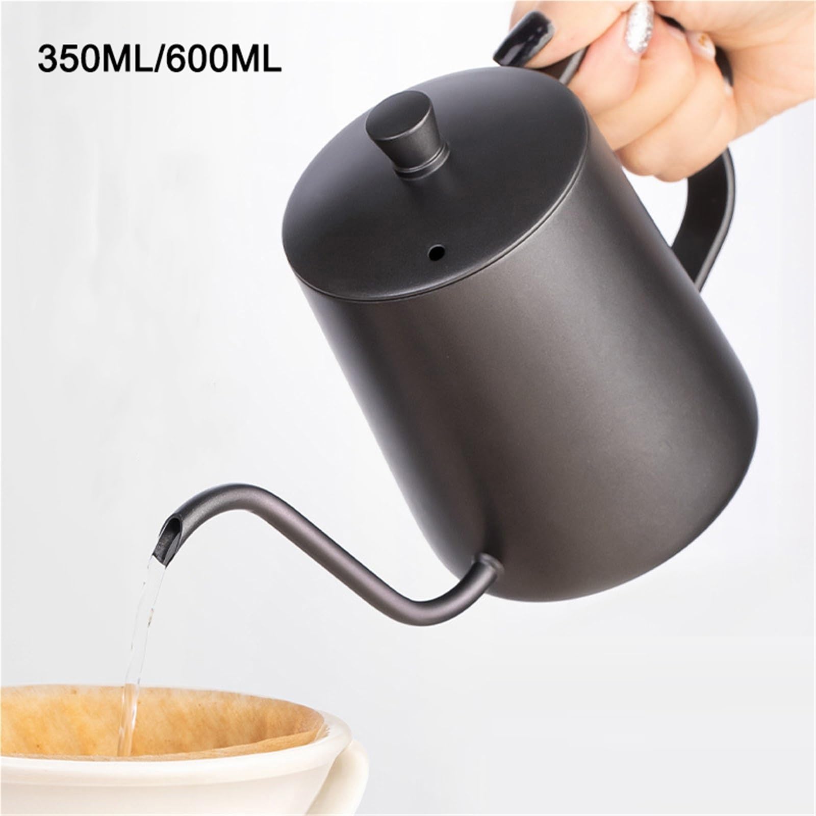 Hervidor De Café Tetera de goteo de 350ML/600ML, tetera de café con revestimiento antiadherente, tetera de goteo de café de boca fina con cuello de cisne de acero inoxidable Para Café，Té(Black 600ml)