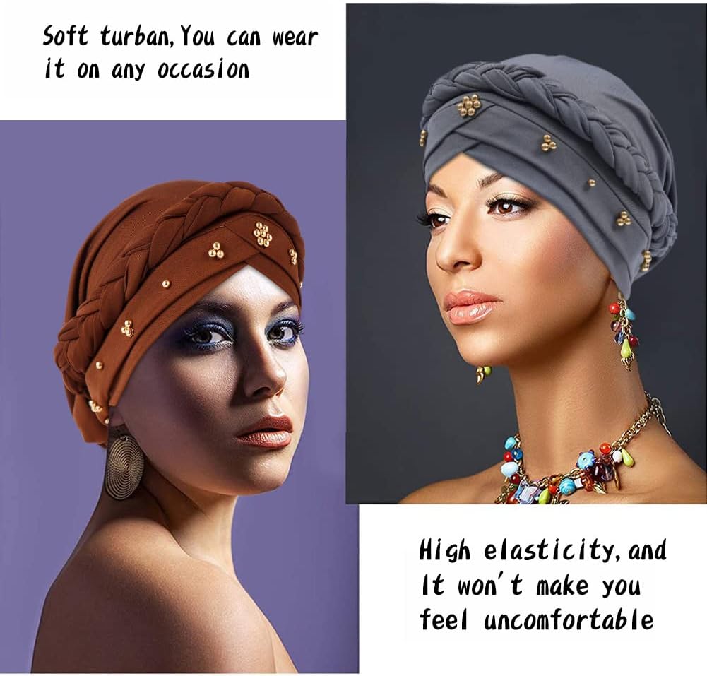 African Women Turban Cap Twisted Beaded Braid Head Wraps Pre-Tied Chemo Headscarf for Cancer Hair Cover hats image 3