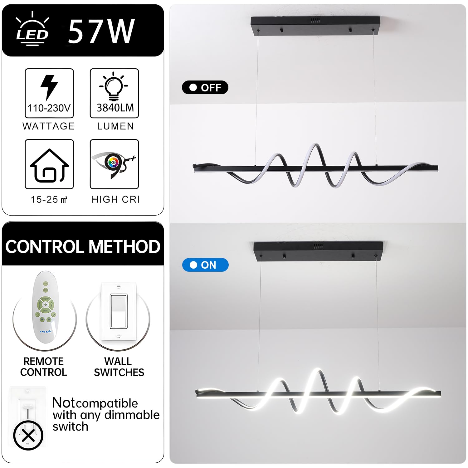Lampada moderna a isola da cucina, 3000 K-6500 K, lampada a sospensione nera con striscia luminosa in silicone morbido da 150 cm, fai da te
