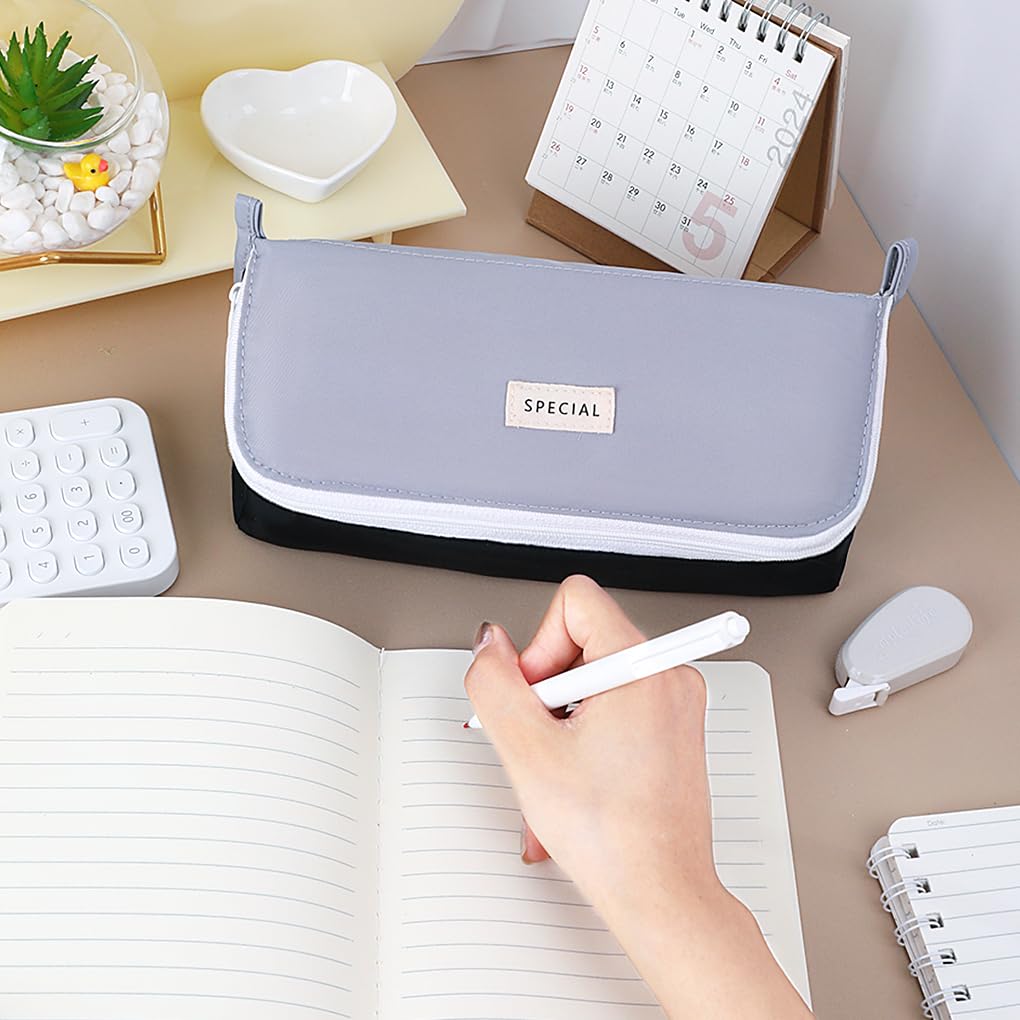 Oyachic Wide Open Pencil Case Flip-Top Large Pencil Pouch Pen Holder Bag Office Stationery Asthetic Supply Organizer Marker Zipper for Adults (Grey) - Image 3
