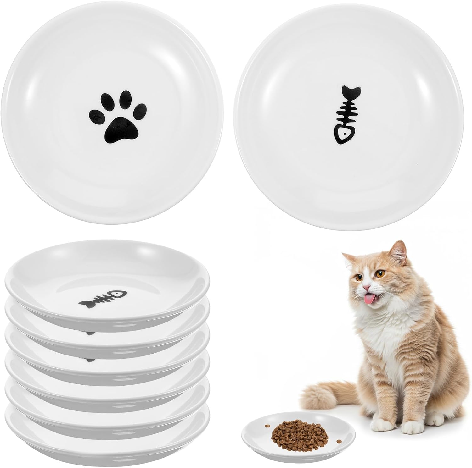 6 Pack Ceramic Cat Food Bowls, Pet Food Bowls, 5.9-Inch Shallow Wide Mouth Cat Food Dishes for Feeding Kittens and Adult Cats Easy to Clean, Suitable for Indoor/Outdoor