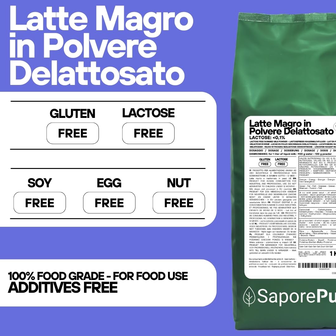 SaporePuro Latte Magro Delattosato in Polvere 1 kg – Latte per Alimentazione Umana | Ideale per Dolci, Pane e Gelato Artigianale | Uso Professionale e Industriale | Senza Lattosio | Senza Glutine