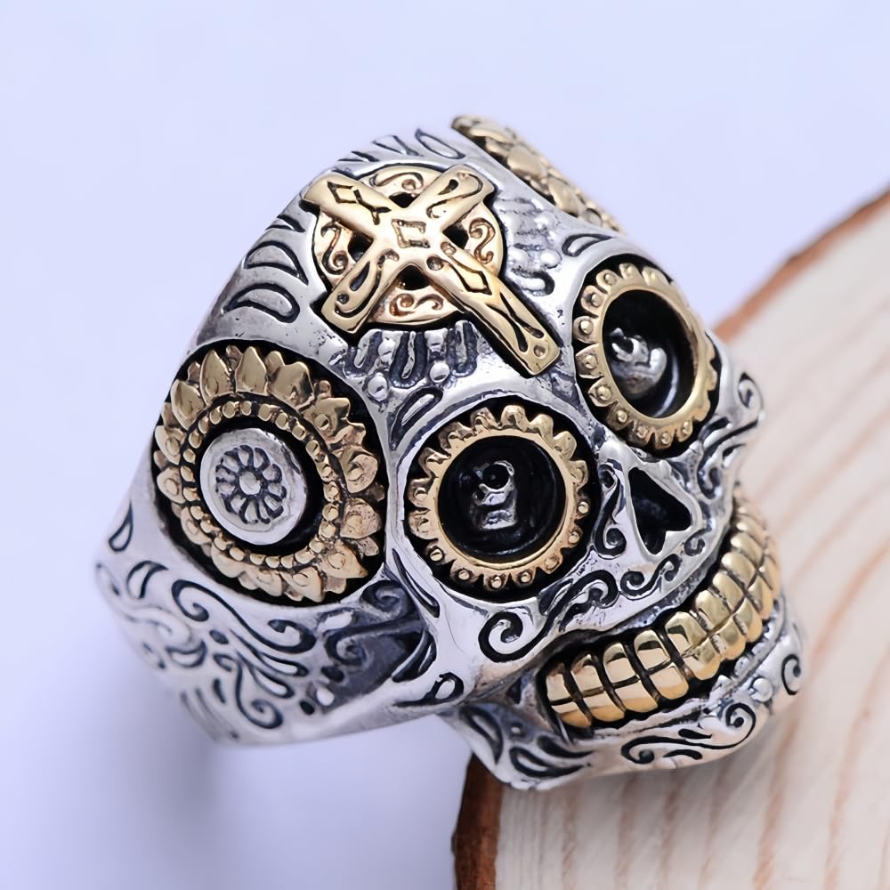 Zweifarbig Echt 925 Sterling Silber Mexikanischer Zucker Totenkopf Ring Gothic Biker Schädel Schmuck für Herren Damen Größe 57-70
