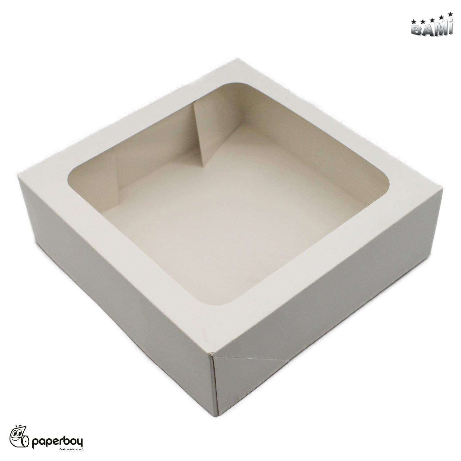 BAMI Tortenkarton | Kuchenkarton | Konditorkarton | Tortenbox | Vollpappe, weiß mit Sichtfensterdeckel 30x30x8cm | 30 Stück