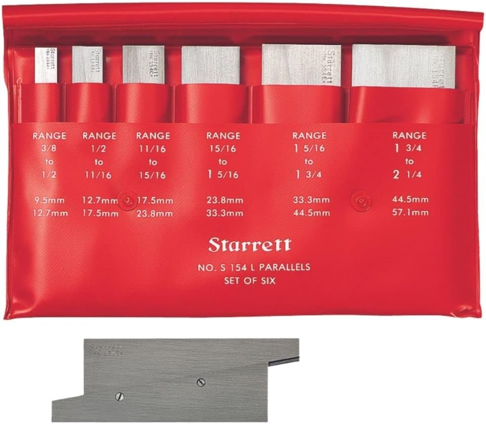 Starrett Adjustable Parallel Set for Layout, Gaging and Inspection Work - 1-3/4", 2-1/8", 2-11/16", 3-9/16" Length, 3/8" to 1-5/16" Range, 9/32" Thickness - S154LZ