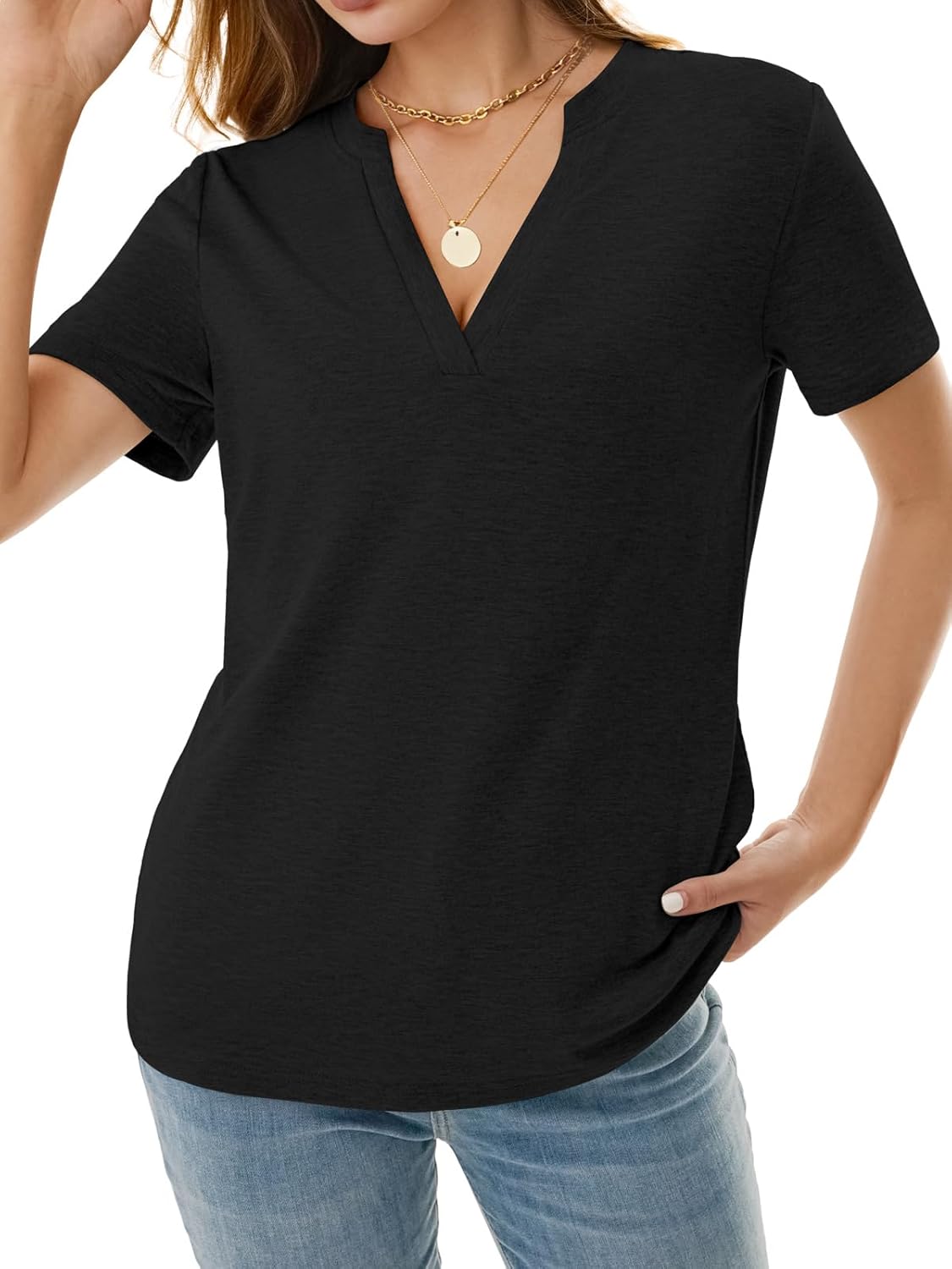 NORACORA Women's V Neck Short Sleeve T Shirt Summer Casual Tops Loose Fit Basic Blouses Trendy Fashion for Work Daily Wear - Image 3