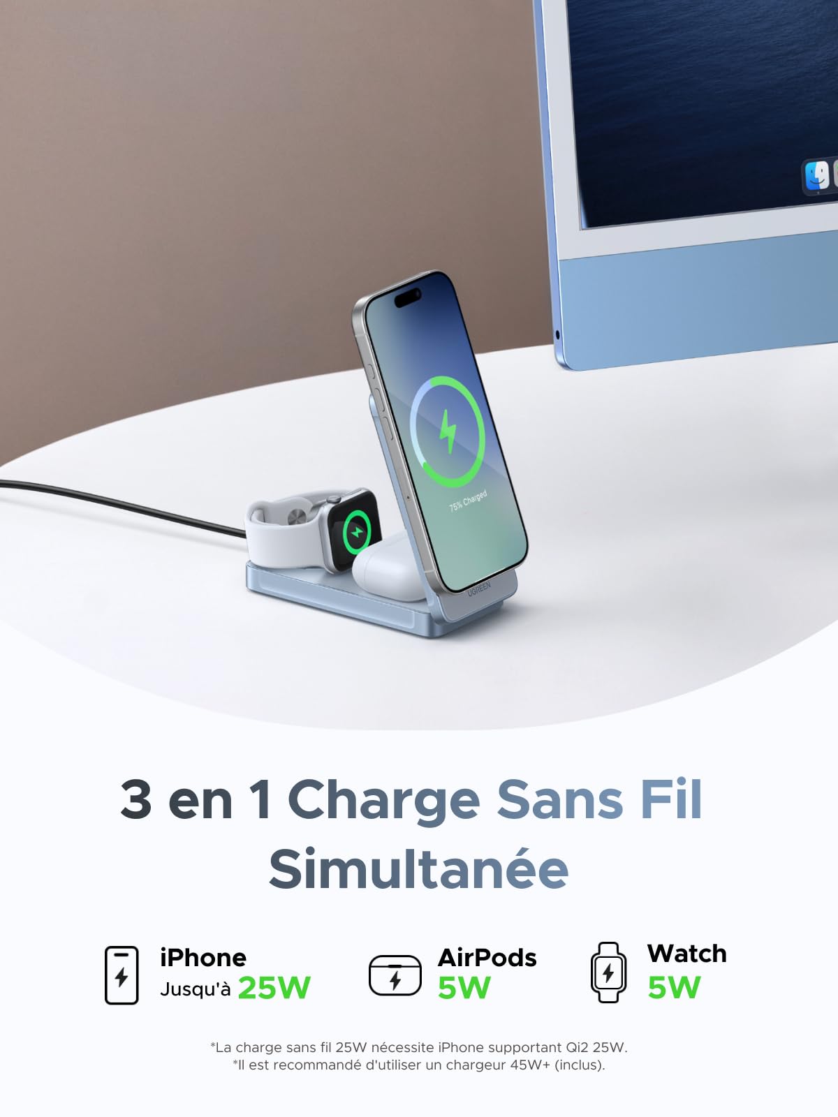 UGREEN MagFlow 3 en 1 Qi2 25W Certifié Chargeur Induction iPhone MagSafe | Compatible avec iPhone 17 16 15 14 13 Air Plus Pro Max AirPods 4 3 Pro 3 2 1 iWatch Stand Chargeur Rapide Magnétique sans Fil