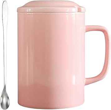 Oversized Ceramic Coffee Mugs 33 oz with Lid and Spoon Pink | 1000ml Giant Tea Mug Microwave & Dishwasher Safe For Office Home Hot Cold Drinks